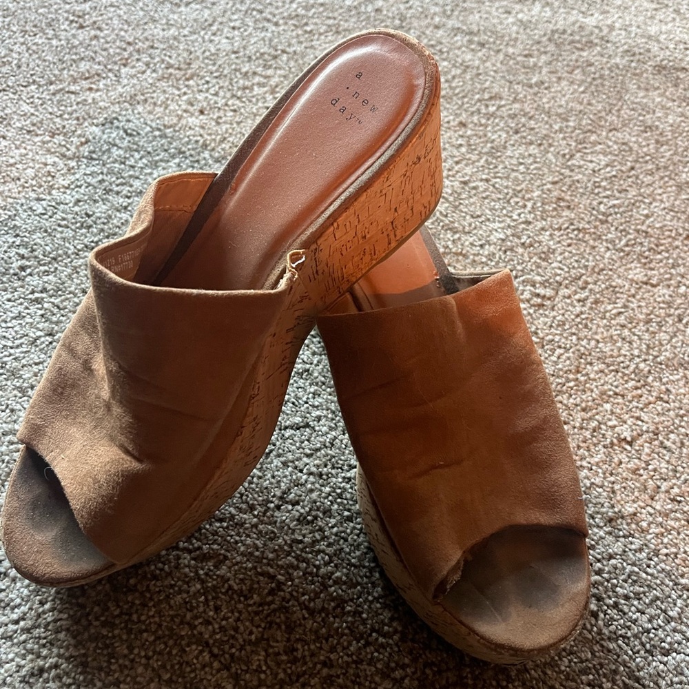 A New Day Tan Mules with Rounded Toe and Cork Wedge Heel